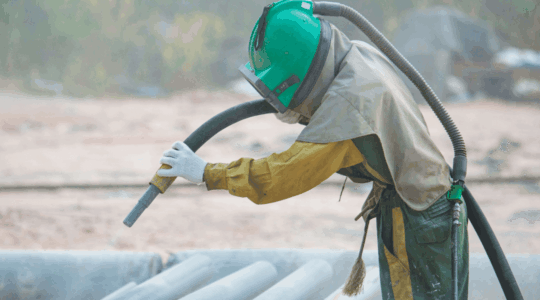 Worker-sand-blasting-pipes
